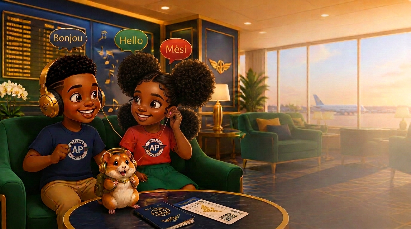 Monaé, Maestro and Ace the Explorer listening to bilingual audio in an airport VIP lounge